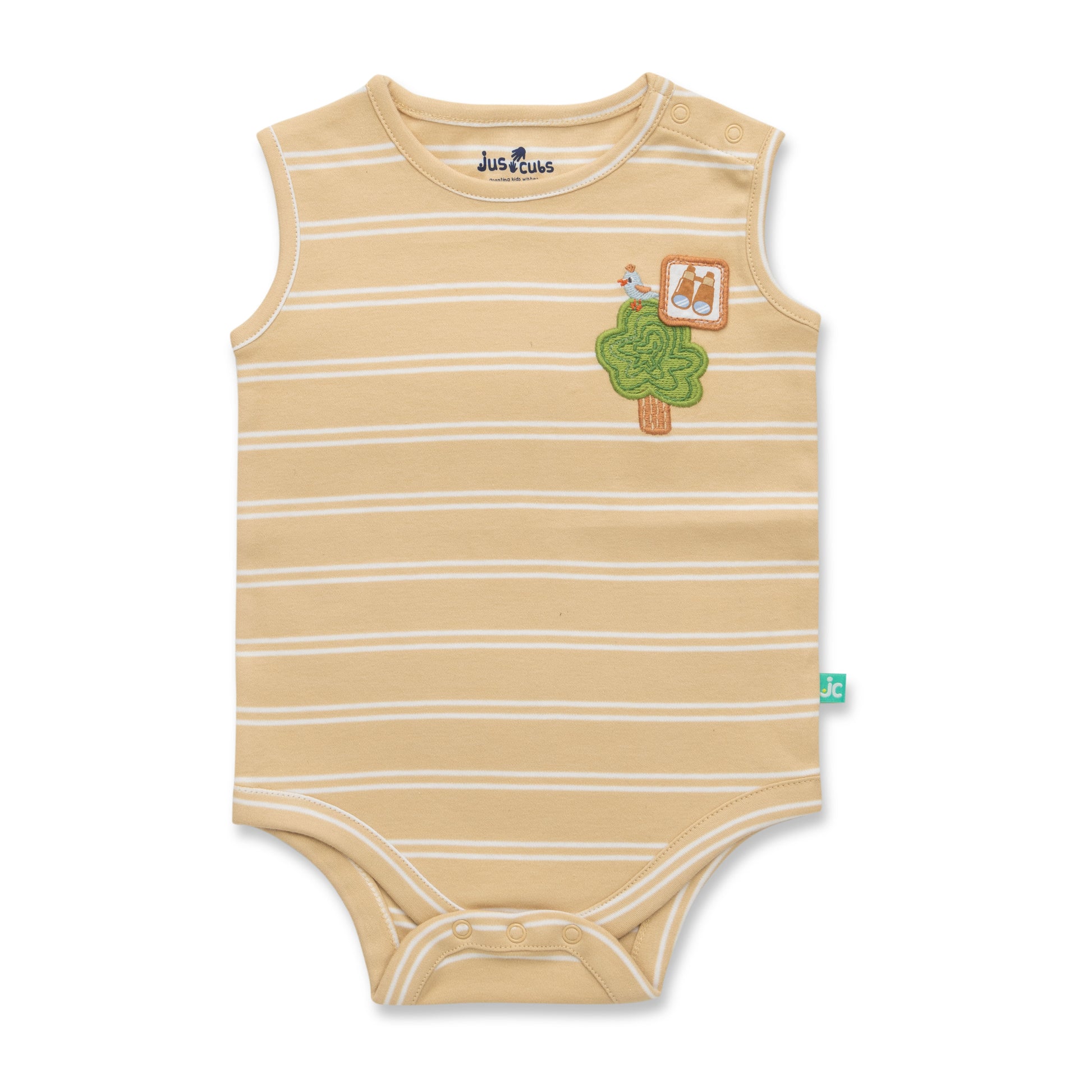 "Baby Boys Organic Cotton Beige Striped Sleeveless Bodysuit with Tree & Bird Patch"