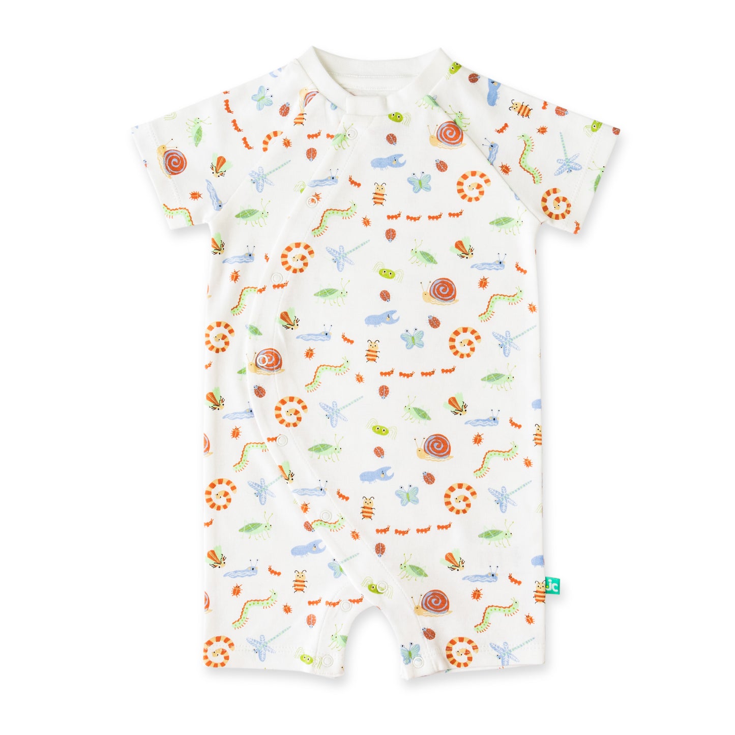 "Baby Boys White Organic Cotton Romper with Colorful Insect Print & Front Snap Buttons"