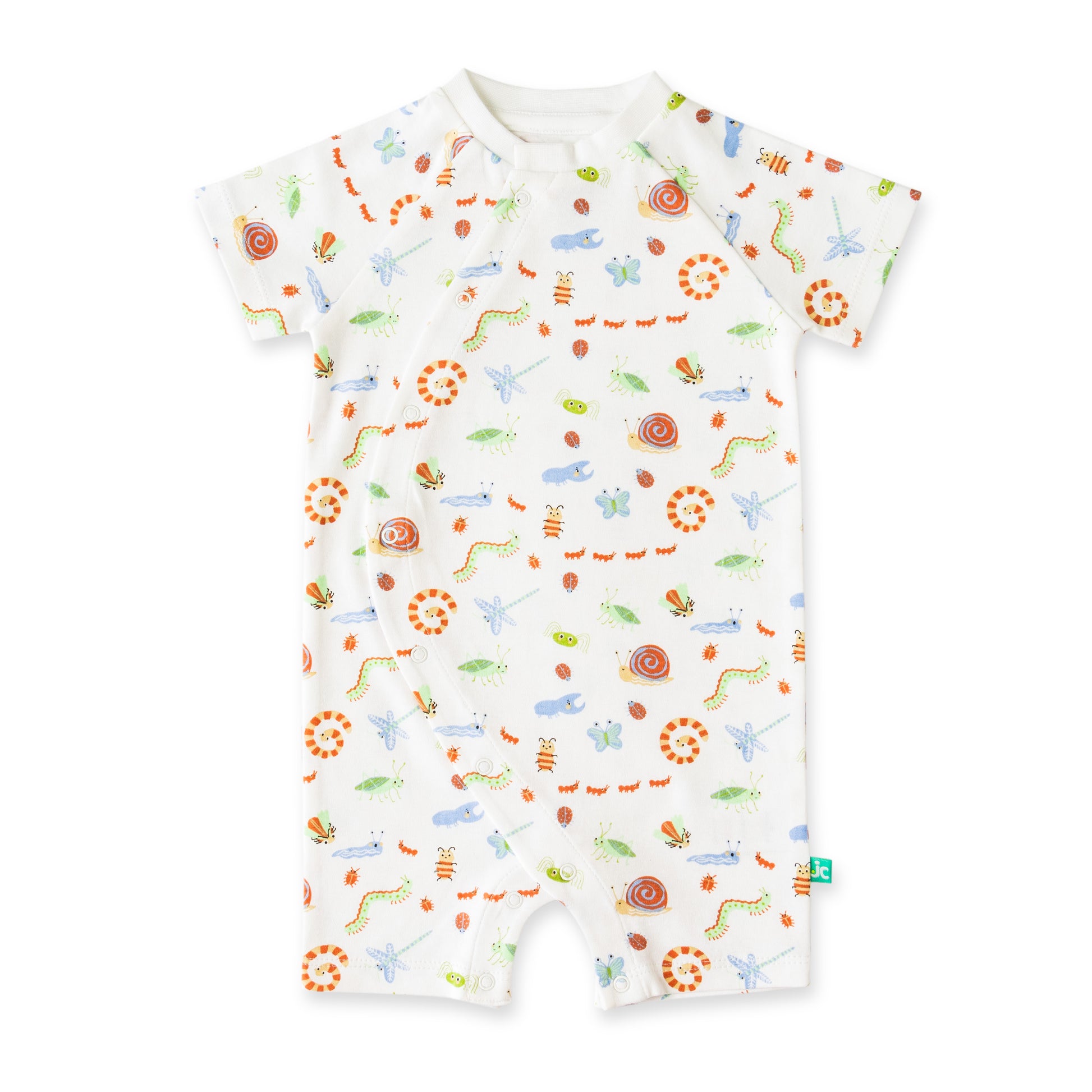 "Baby Boys White Organic Cotton Romper with Colorful Insect Print & Front Snap Buttons"