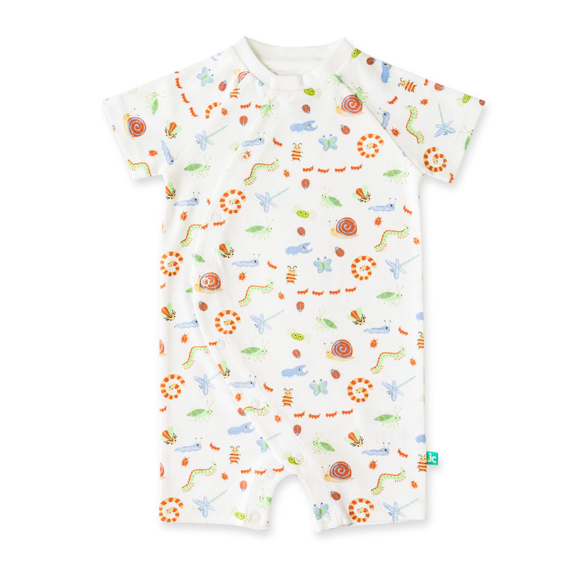 "Baby Boys White Organic Cotton Romper with Colorful Insect Print & Front Snap Buttons"