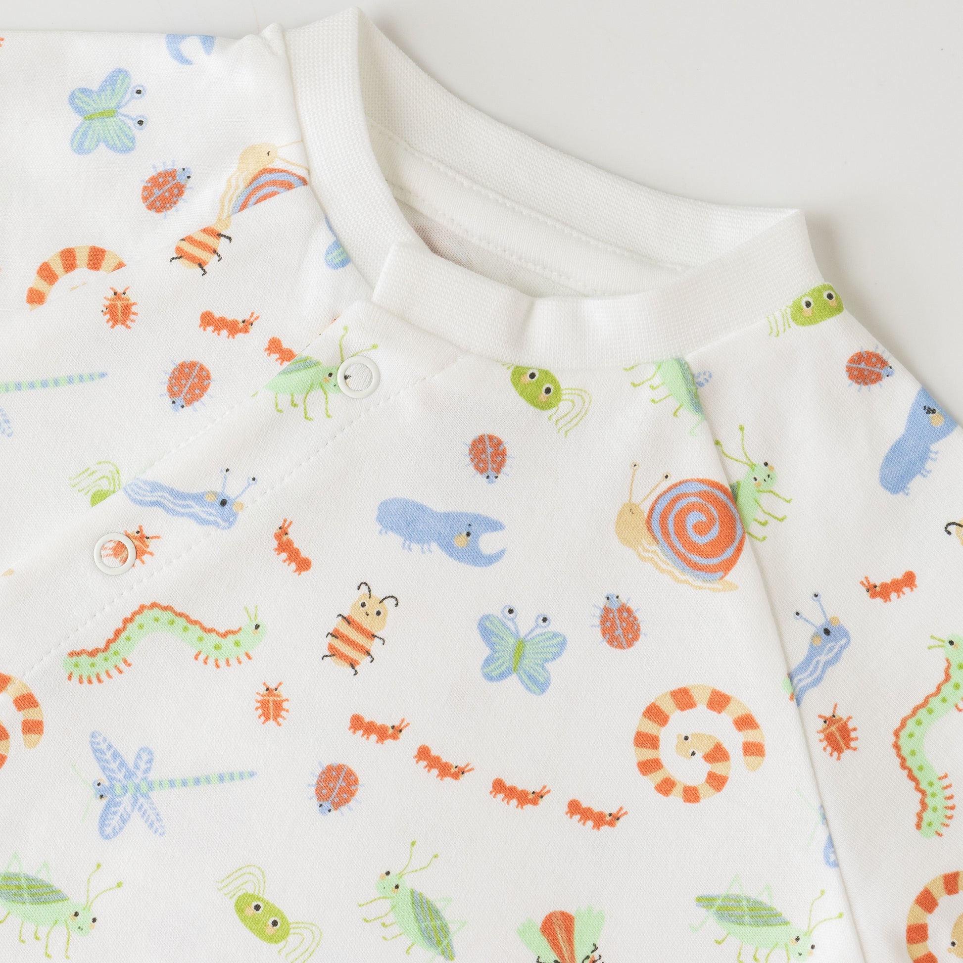 "Baby Boys White Organic Cotton Romper with Colorful Insect Print & Front Snap Buttons"