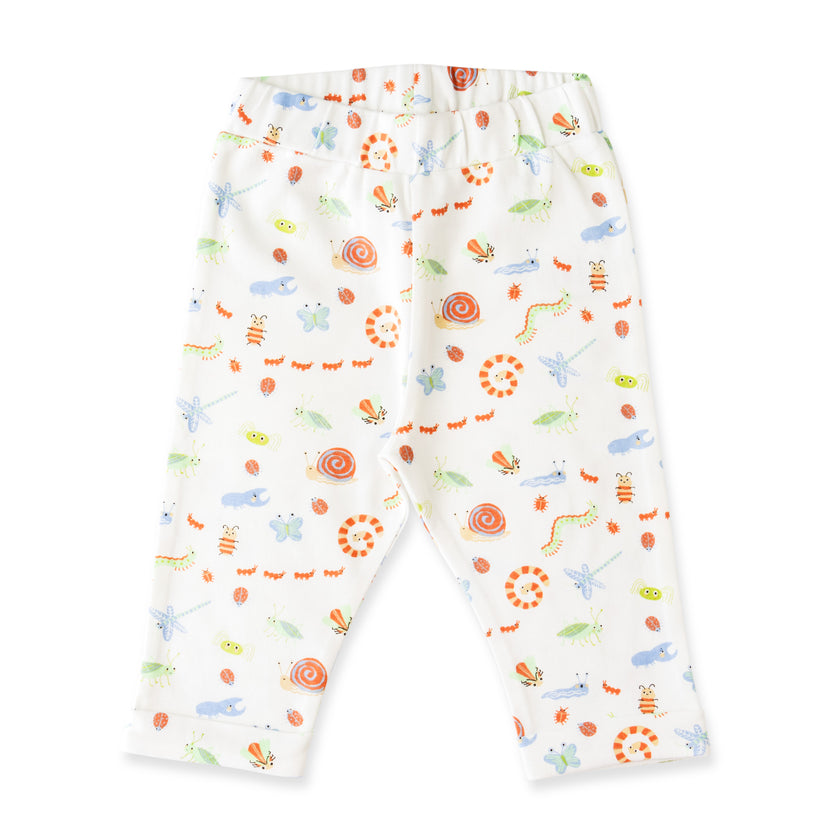 "Baby Boys White Organic Cotton Track pant with Colorful Insect Print & Elastic Waist"