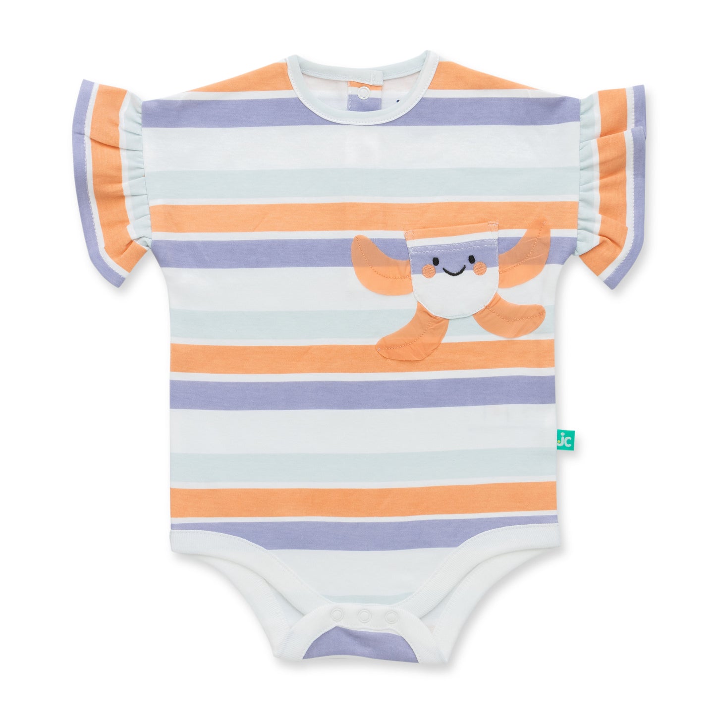 "Baby Girls Organic Cotton Striped Bodysuit with Crab Pocket & Ruffle Sleeves"