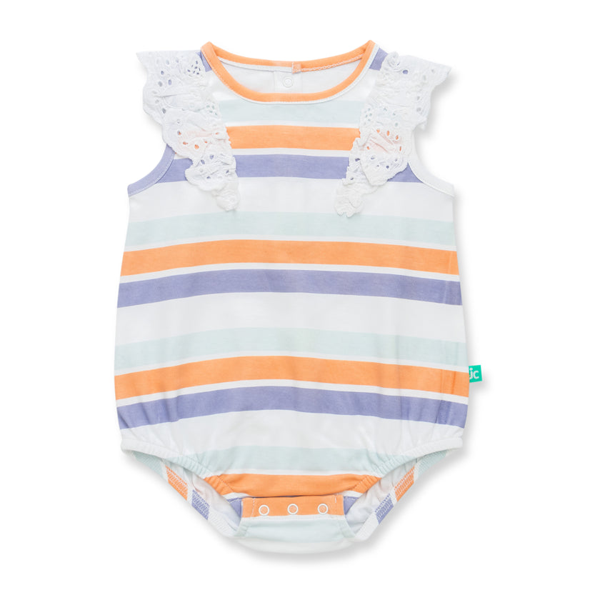 "Baby Girls Organic Cotton Sleeveless Striped Bodysuit with Lace Ruffle Shoulders"