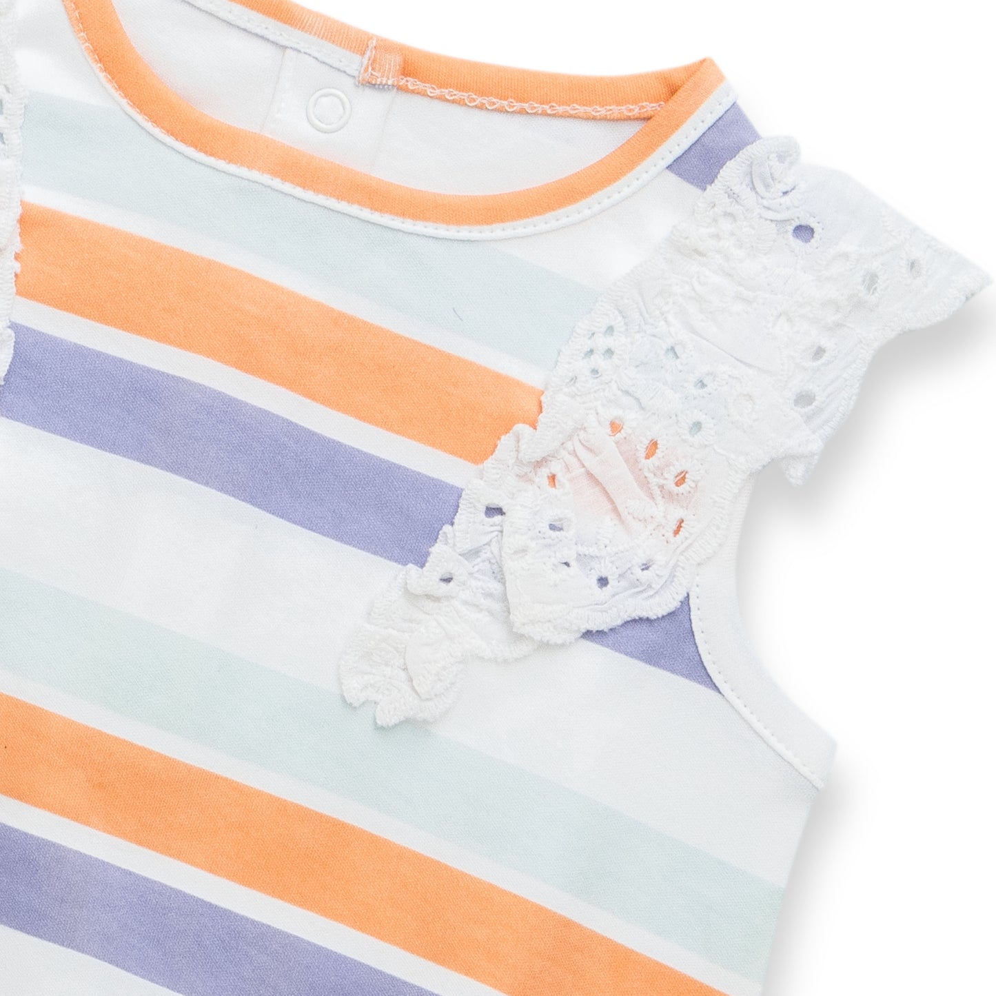 "Baby Girls Organic Cotton Sleeveless Striped Bodysuit with Lace Ruffle Shoulders"
