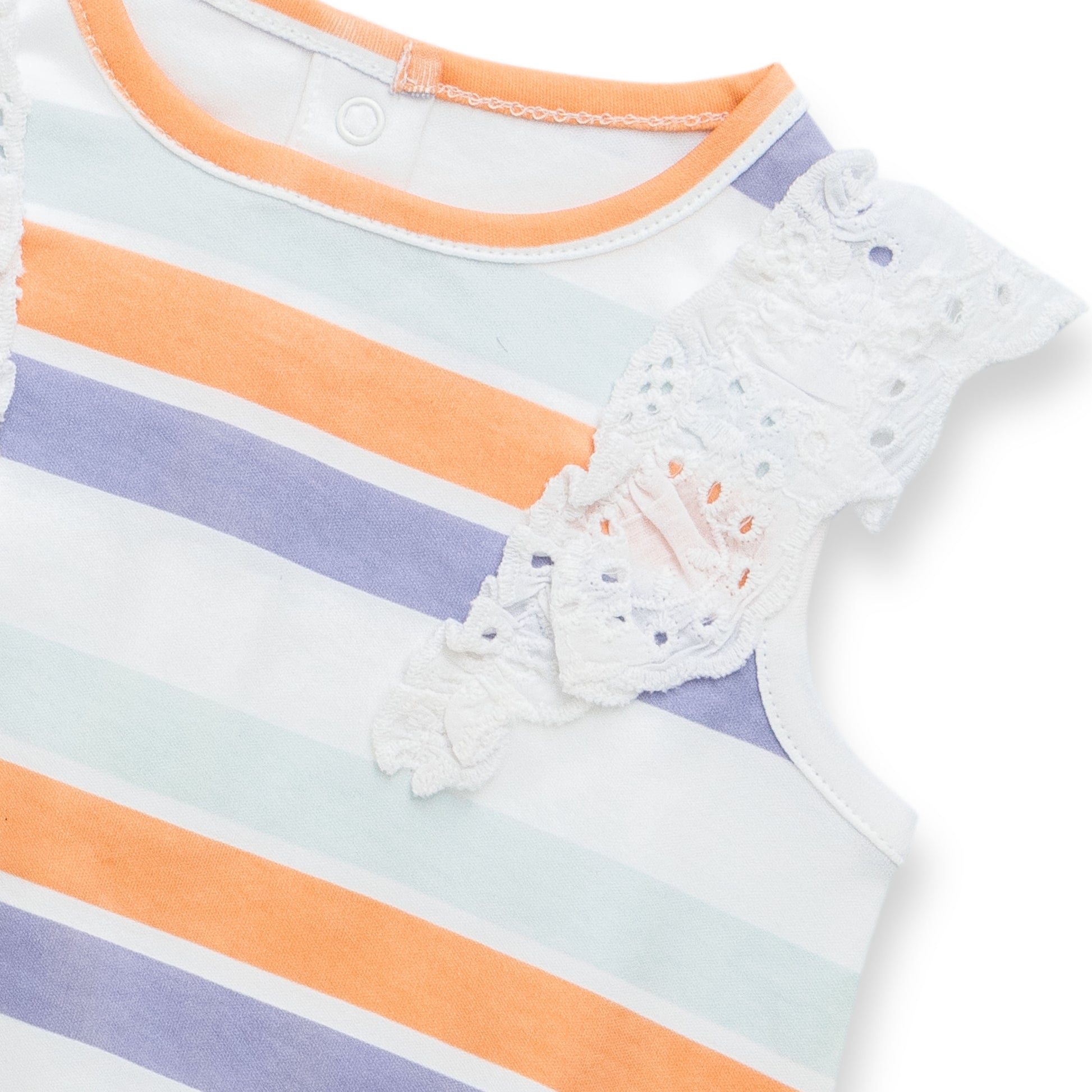 "Baby Girls Organic Cotton Sleeveless Striped Bodysuit with Lace Ruffle Shoulders"