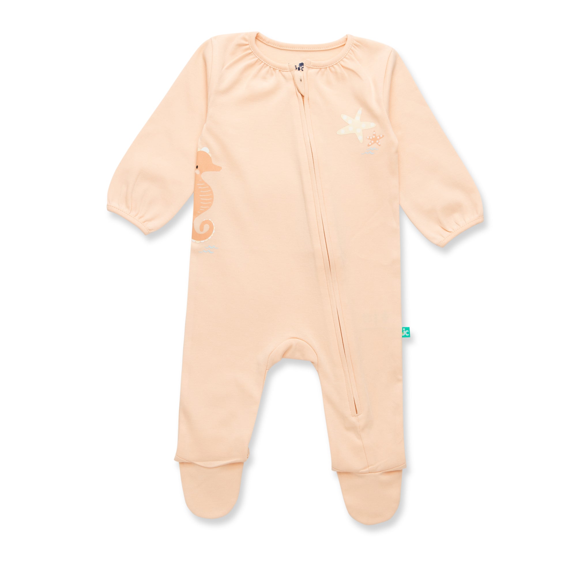 "Baby Pink Organic Cotton Footed Sleepsuit with Seahorse & Starfish Print | Full Sleeve Sleepsuit"