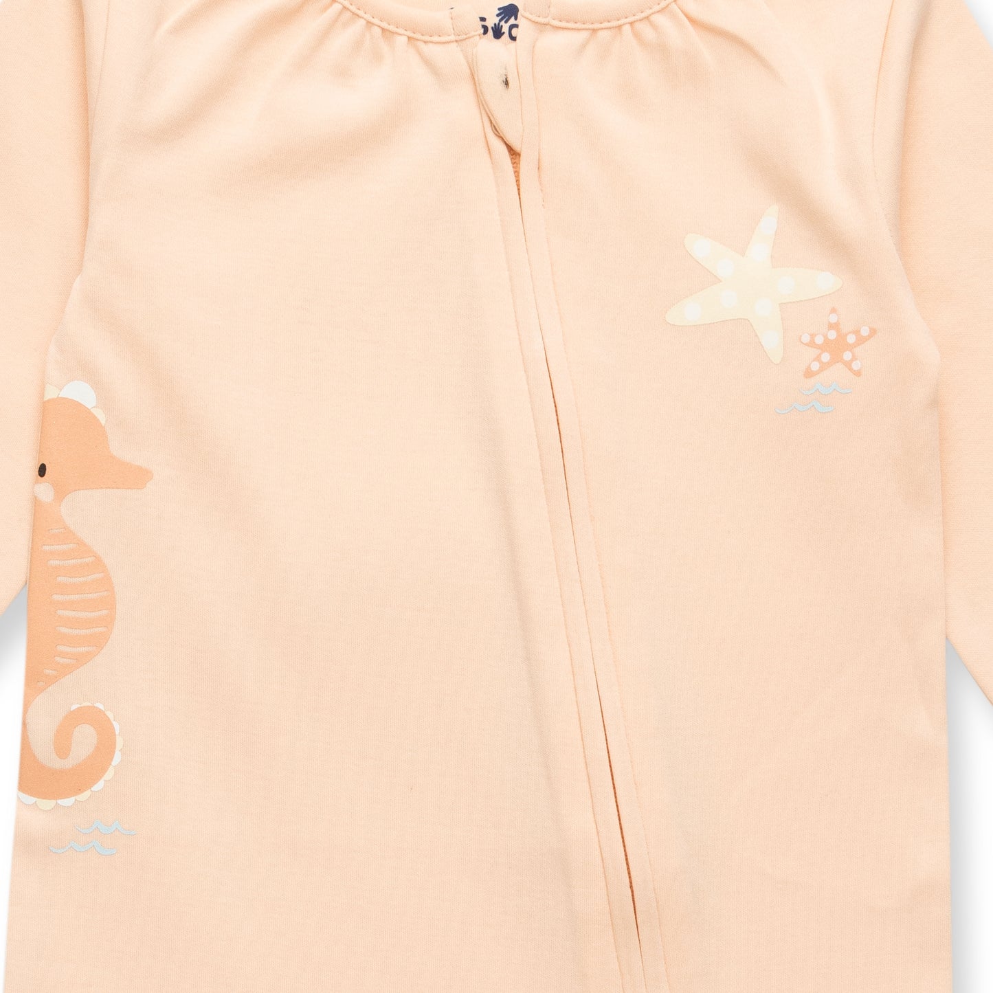 "Baby Pink Organic Cotton Footed Sleepsuit with Seahorse & Starfish Print | Full Sleeve Sleepsuit"