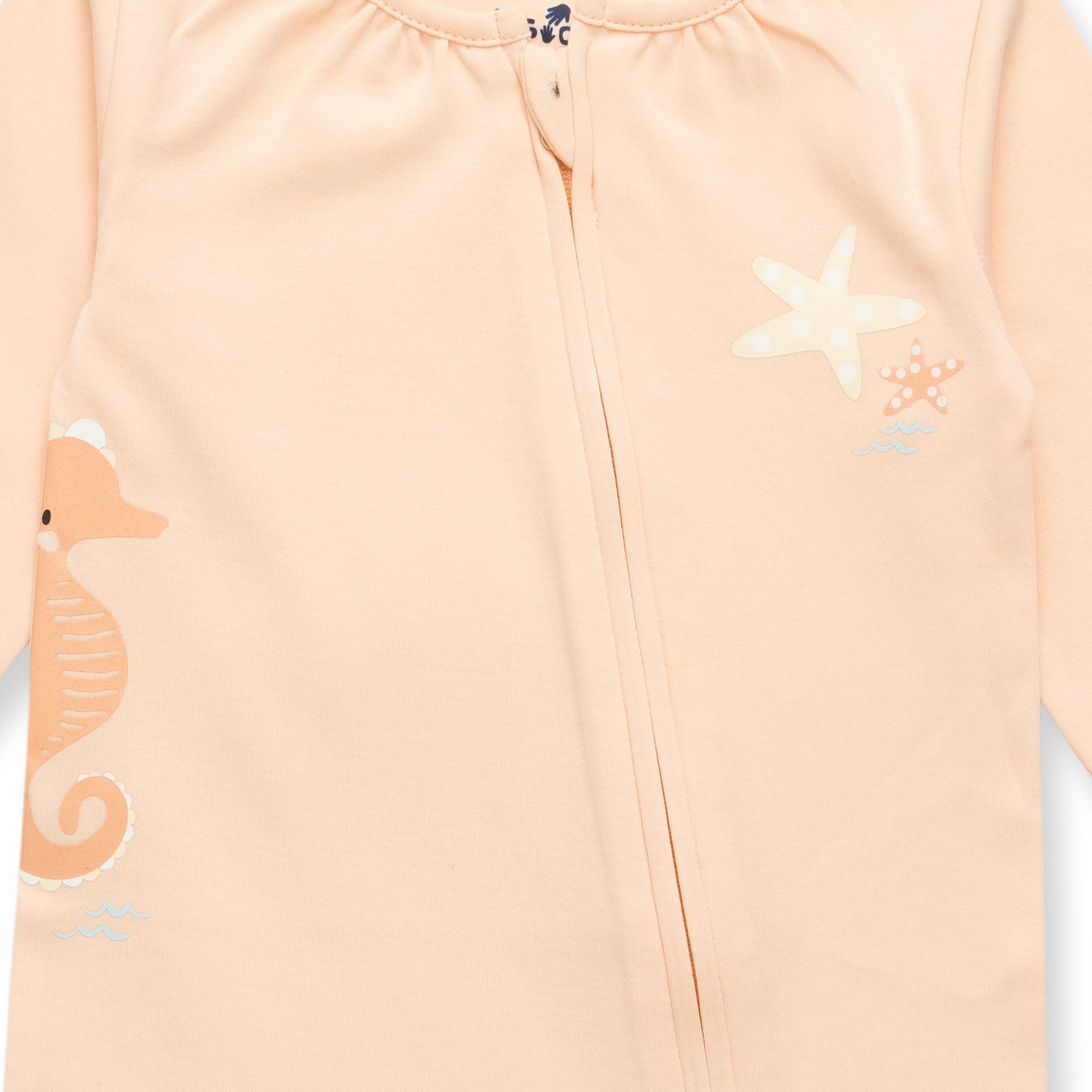 "Baby Pink Organic Cotton Footed Sleepsuit with Seahorse & Starfish Print | Full Sleeve Sleepsuit"