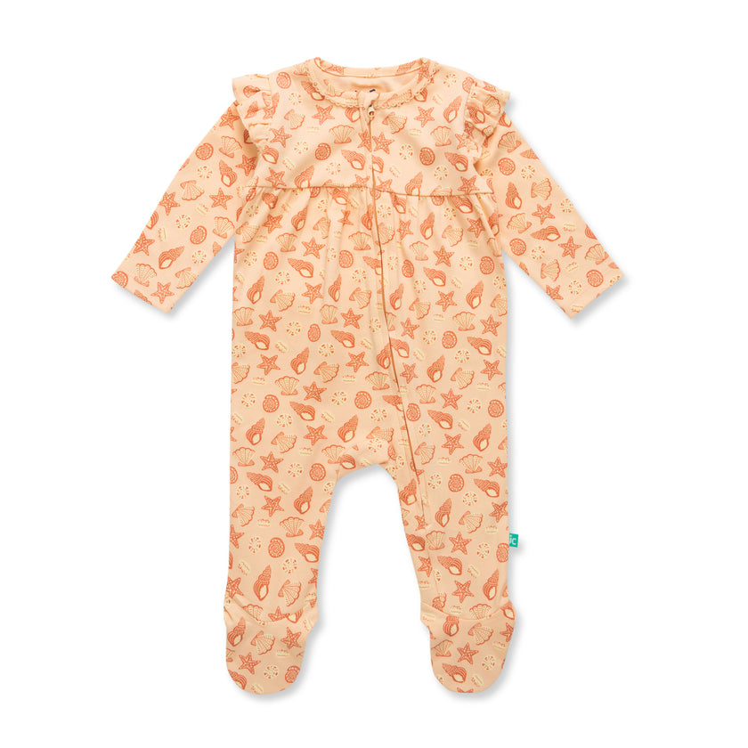 "Baby Girls Pink Printed Organic Cotton Footed Sleepsuit with Ruffle Detail & Full Sleeves"
