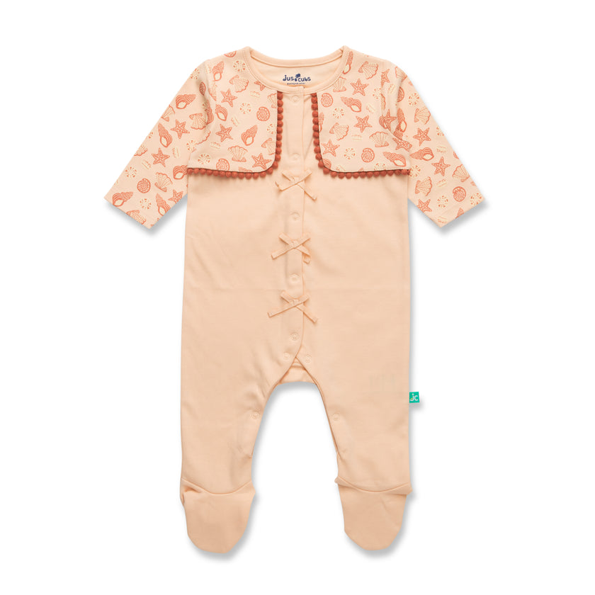 Baby Girls Pink Organic Cotton Footed Sleepsuit with Printed Shrug & Bow Detail