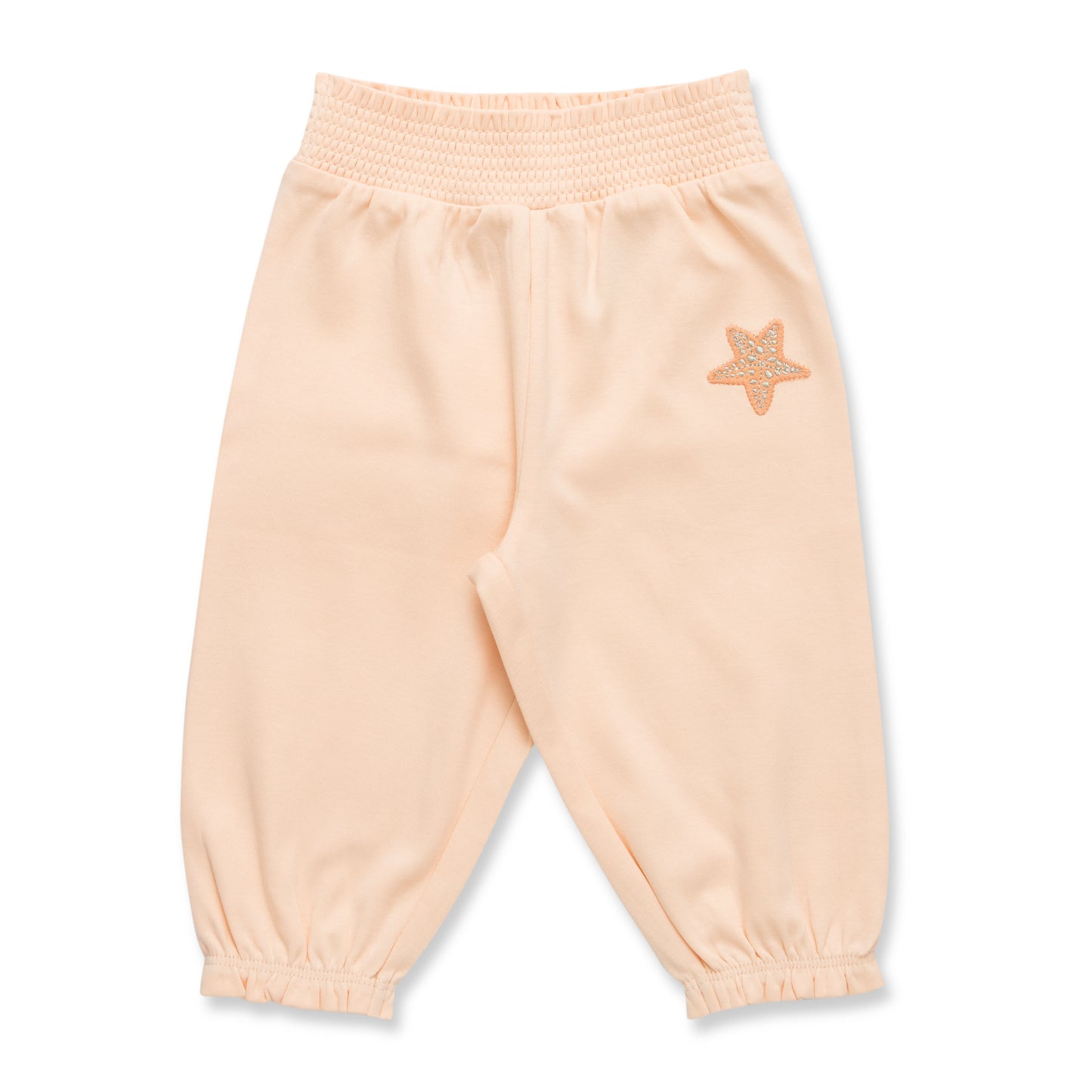 "Baby Girls Pink Organic Cotton Pants with Starfish Embroidery & Elastic Waist"