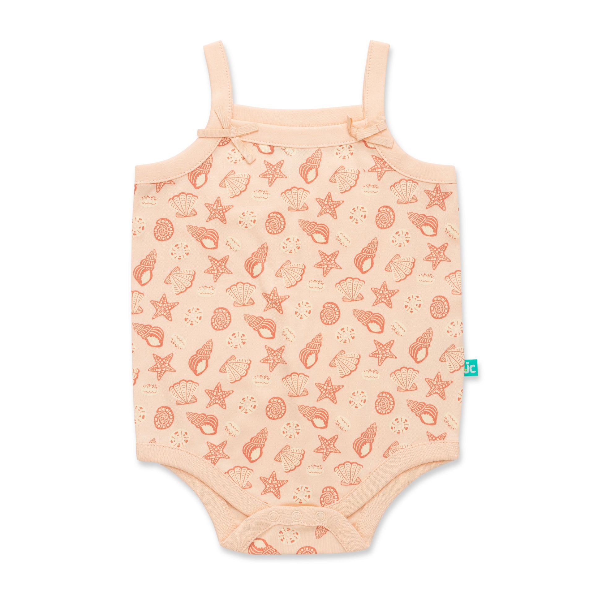 "Baby Girls Pink Sleeveless Bodysuit with Seashell & Starfish Print – Organic Cotton