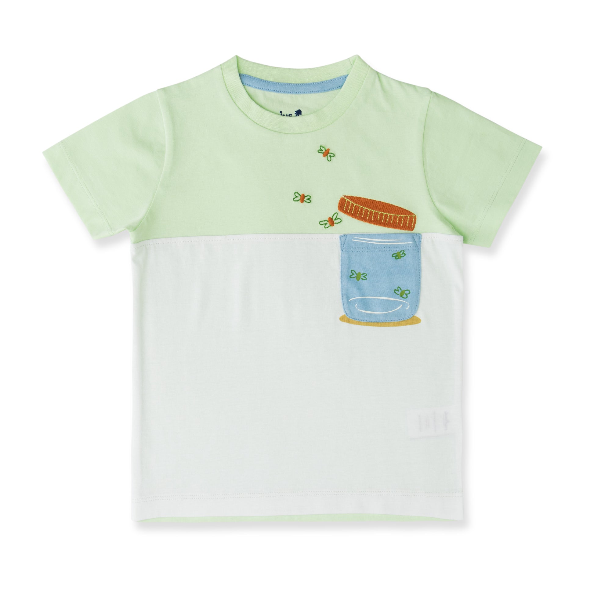 "Baby Boys Green & White Organic Cotton T-Shirt with Jar and Butterfly Print"