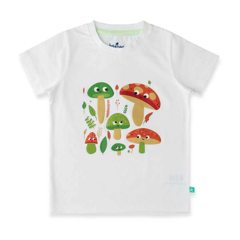 "Baby Boys White Organic Cotton T-Shirt with Cute Mushroom Print"