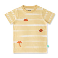 "Baby Boys Beige Striped Organic Cotton T-Shirt with Ladybug & Mushroom Print"
