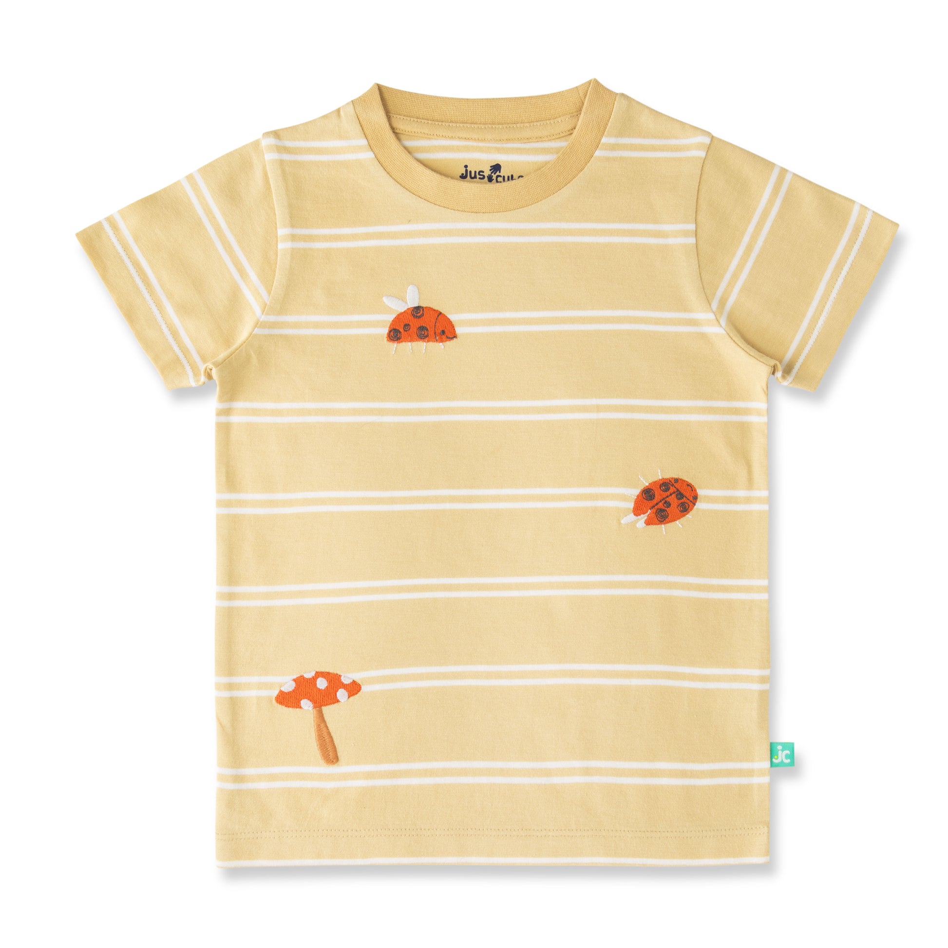 "Baby Boys Beige Striped Organic Cotton T-Shirt with Ladybug & Mushroom Print"