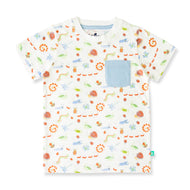 "Baby Boys White Organic Cotton T-Shirt with Colorful Insect Print & Blue Pocket"