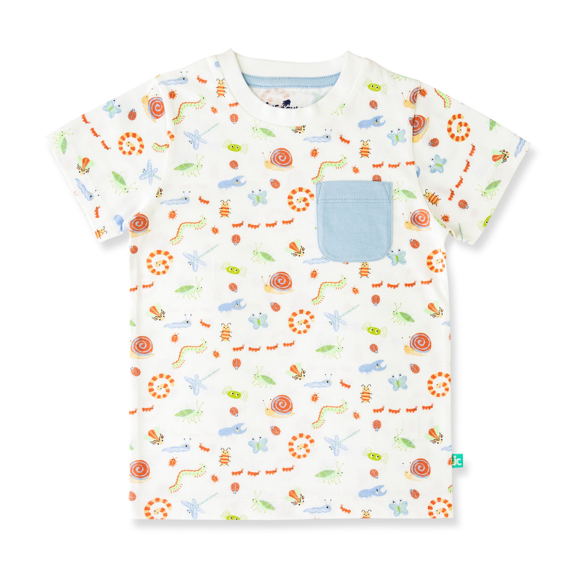 "Baby Boys White Organic Cotton T-Shirt with Colorful Insect Print & Blue Pocket"