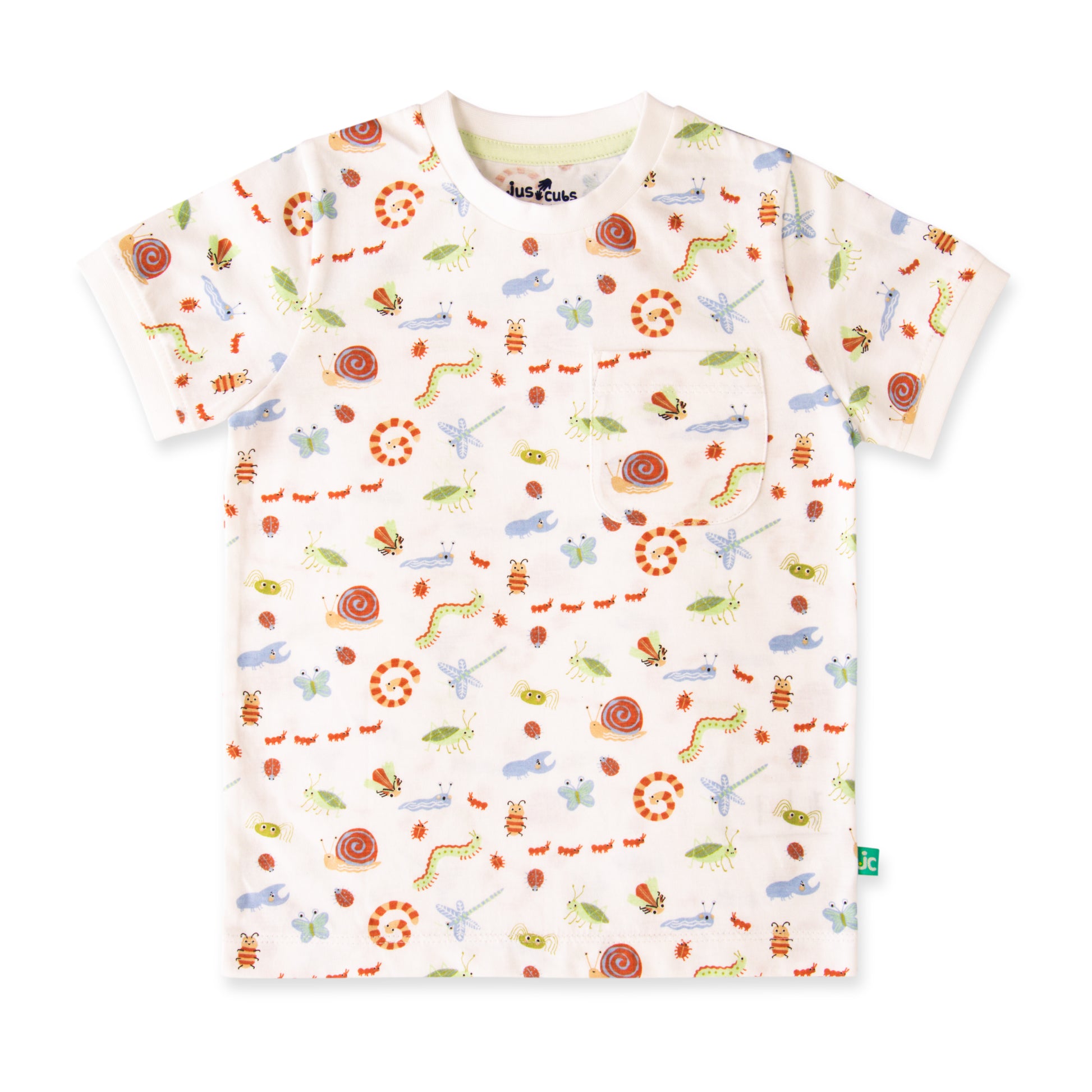 "Baby Boys Organic Cotton White T-Shirt with Allover Insect Print & Pocket"