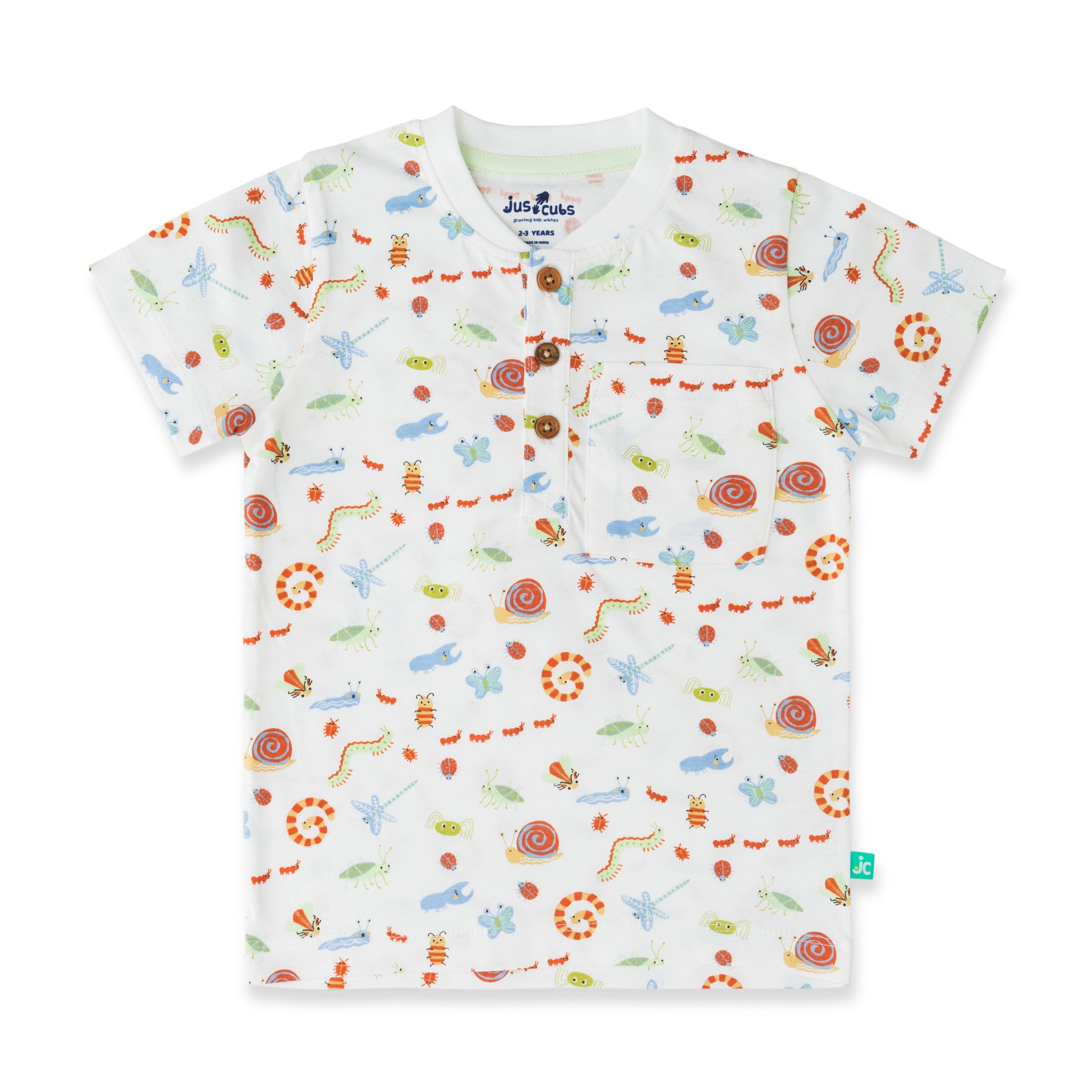 "Baby Boys White Printed Henley T-Shirt with Wooden Buttons & Pocket – 100% Organic Cotton"