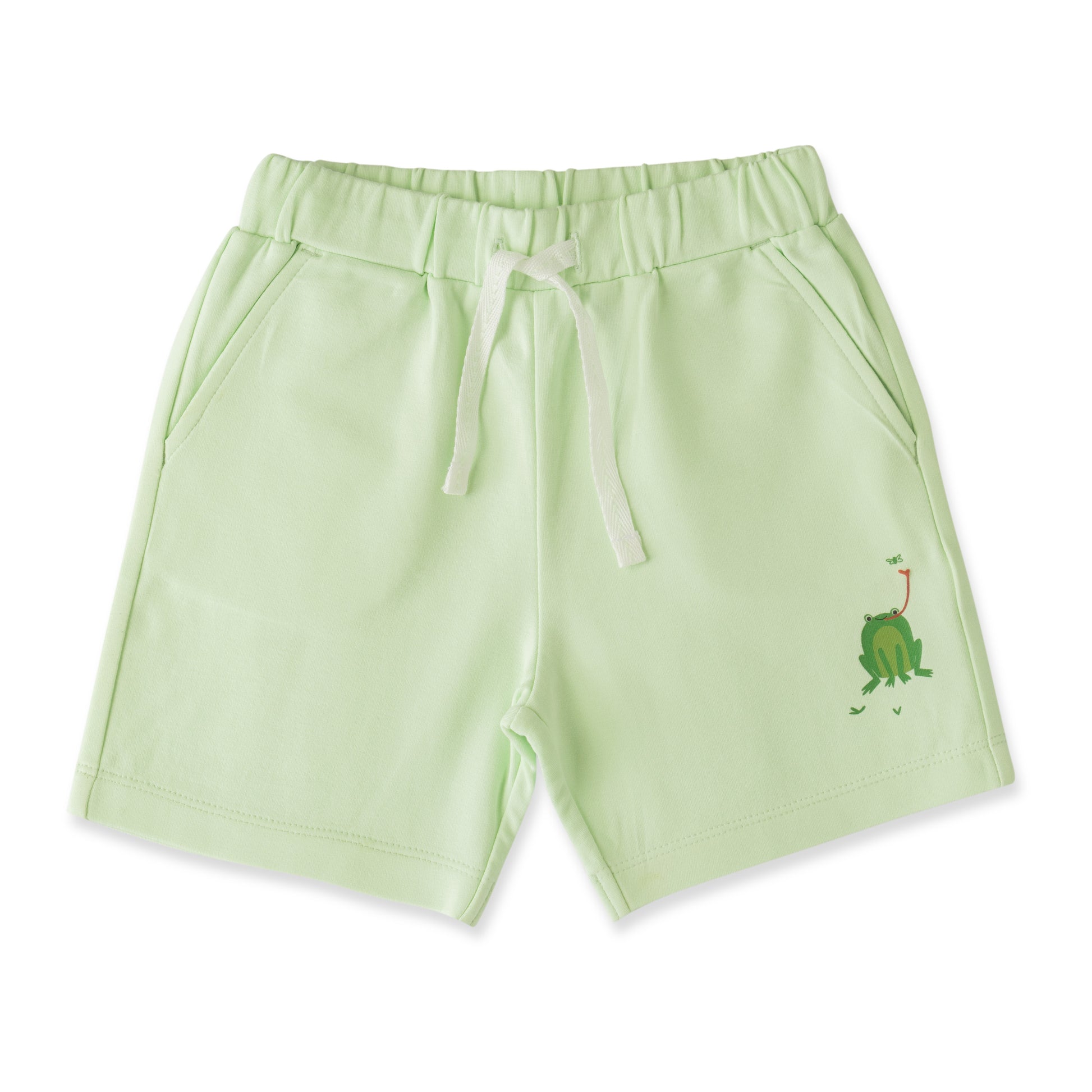 "Baby Boys Light Green Organic Cotton Shorts with Frog Print & Drawstring Waist"