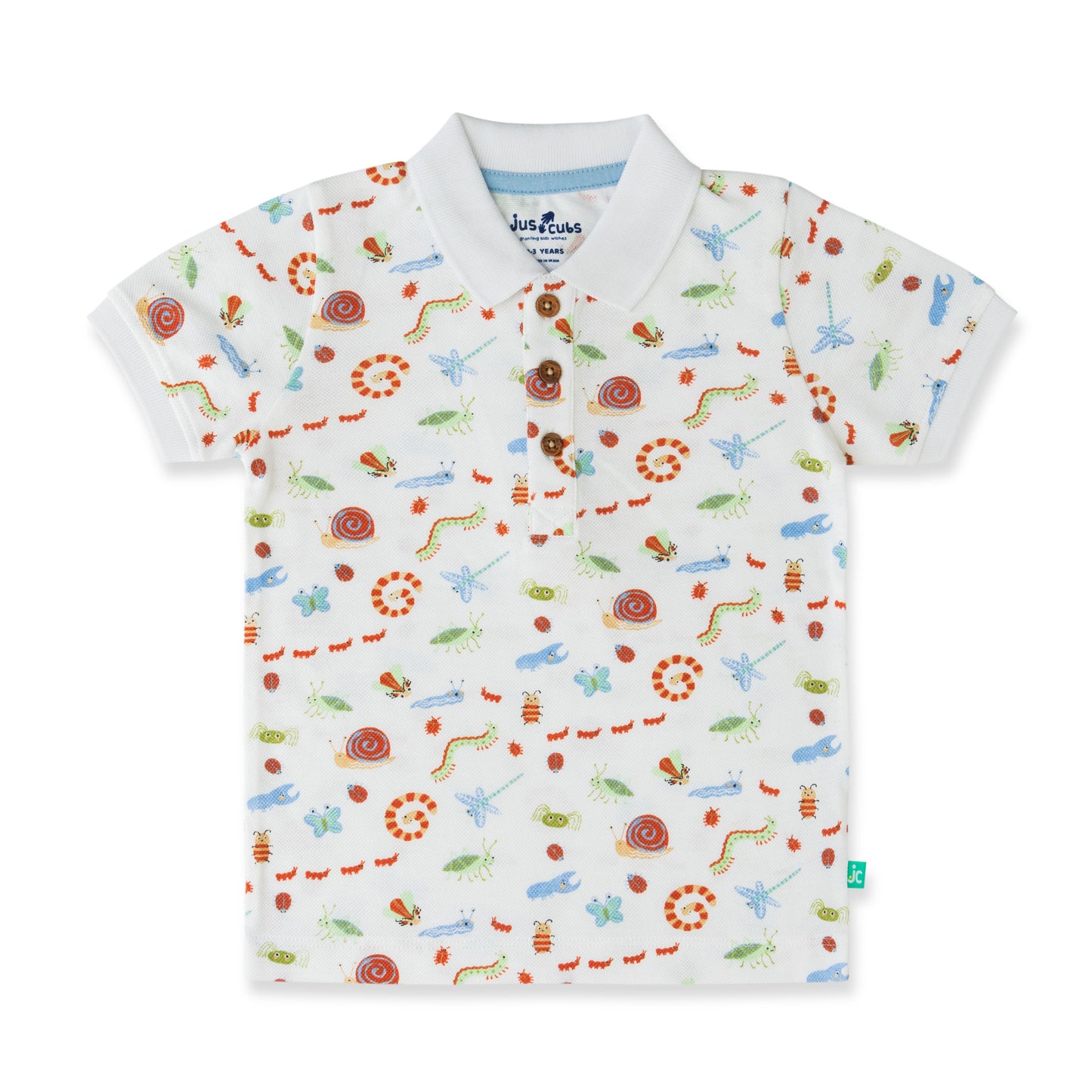 "Baby Boys White Organic Cotton Polo T-Shirt with Colorful Insect Print & Wooden Buttons"