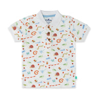 "Baby Boys White Organic Cotton Polo T-Shirt with Colorful Insect Print & Wooden Buttons"