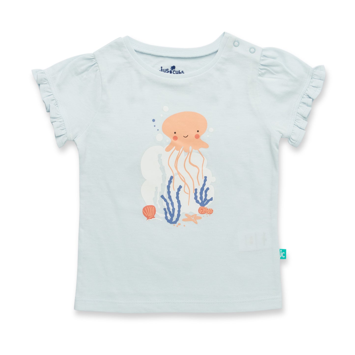 "Baby Girls Light Blue Organic Cotton T-Shirt with Jellyfish Print & Ruffle Sleeves"
