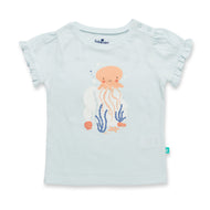 "Baby Girls Light Blue Organic Cotton T-Shirt with Jellyfish Print & Ruffle Sleeves"