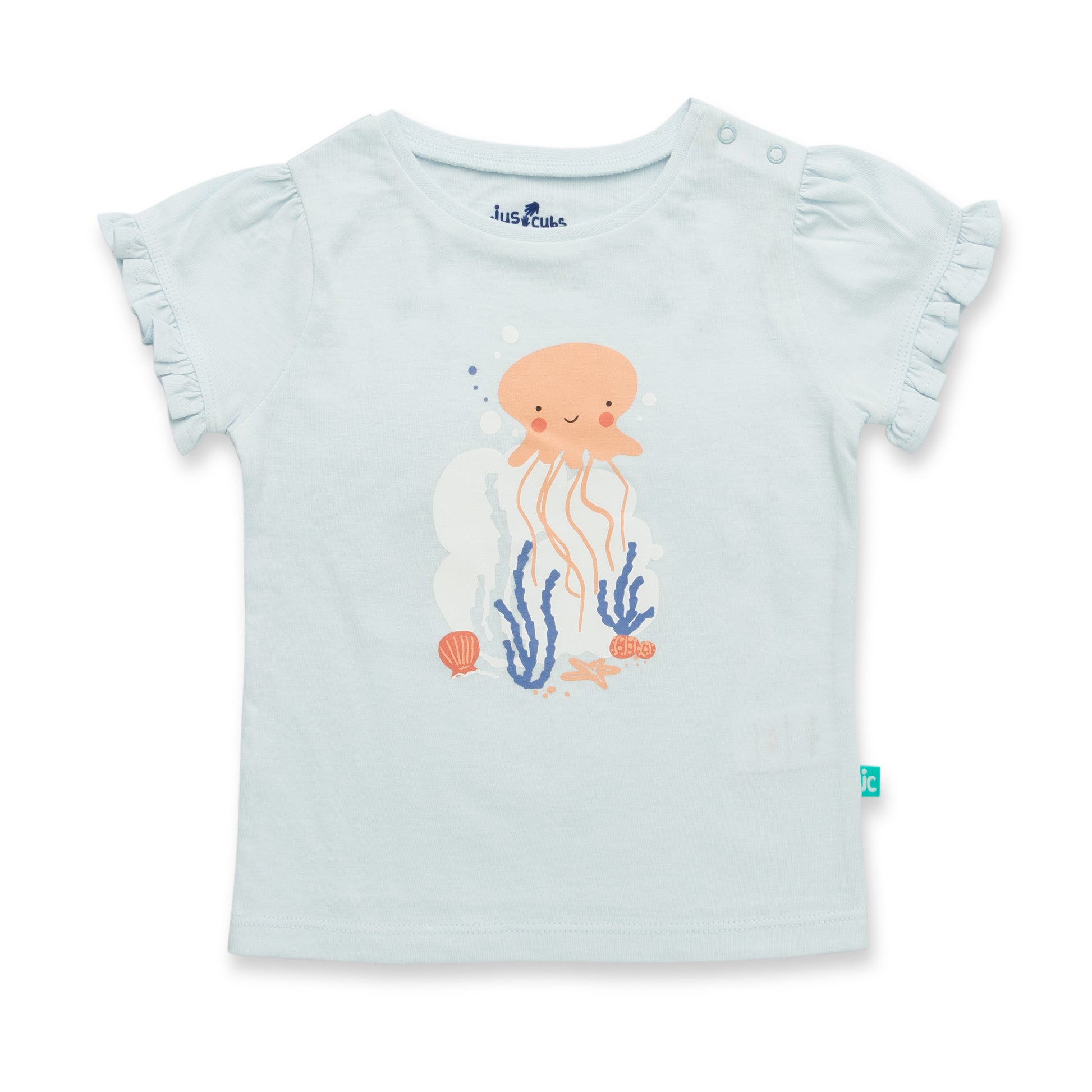 "Baby Girls Light Blue Organic Cotton T-Shirt with Jellyfish Print & Ruffle Sleeves"