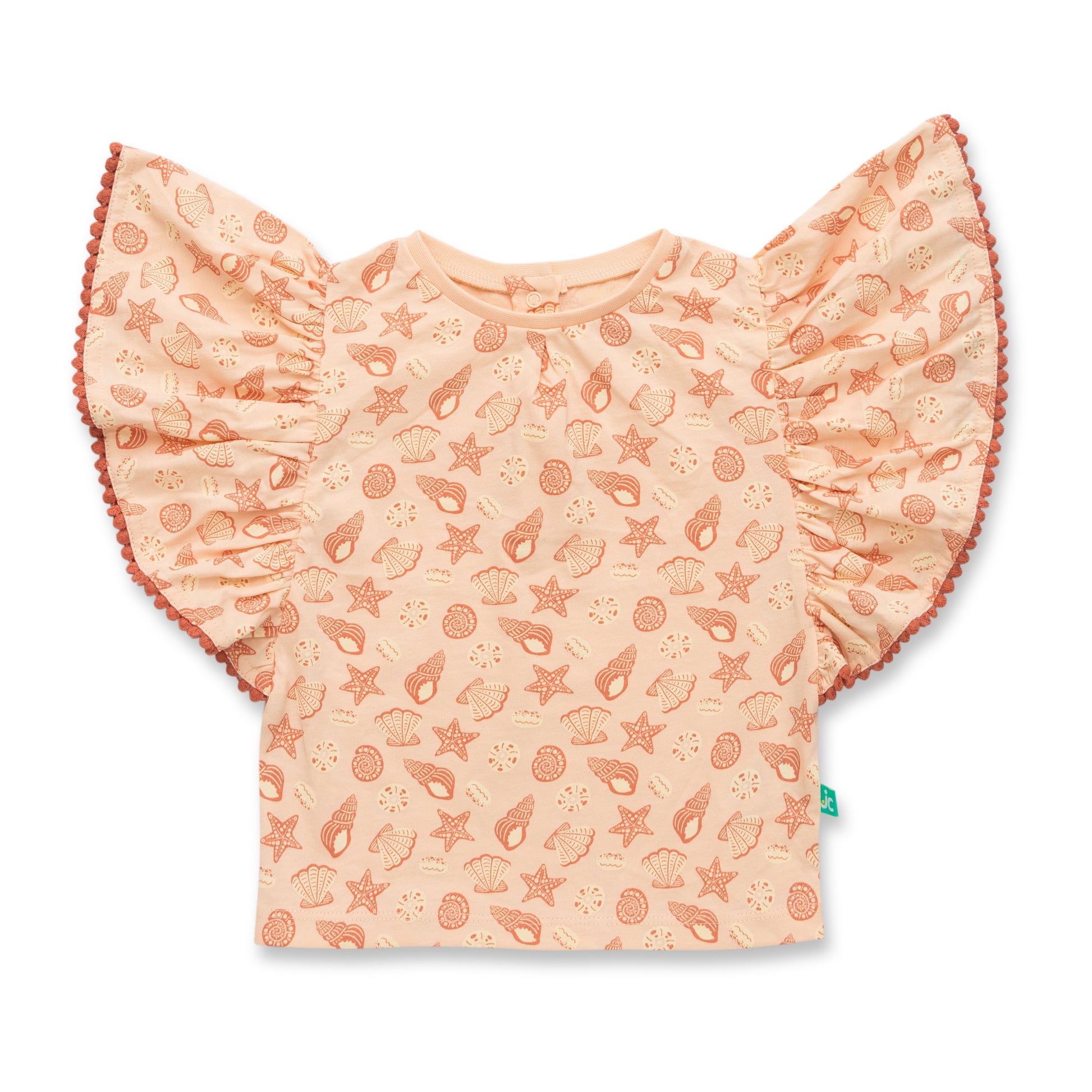 "Baby Girls Organic Cotton Pink Top with Seashell & Starfish Print and Ruffle Sleeves"
