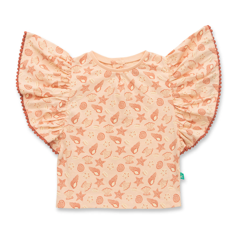 "Baby Girls Organic Cotton Pink Top with Seashell & Starfish Print and Ruffle Sleeves"