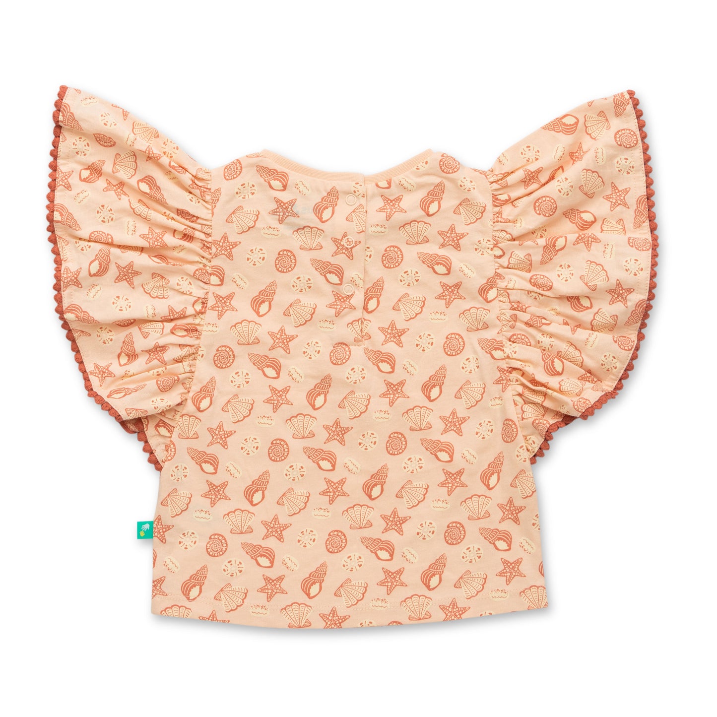 "Baby Girls Organic Cotton Pink Top with Seashell & Starfish Print and Ruffle Sleeves"