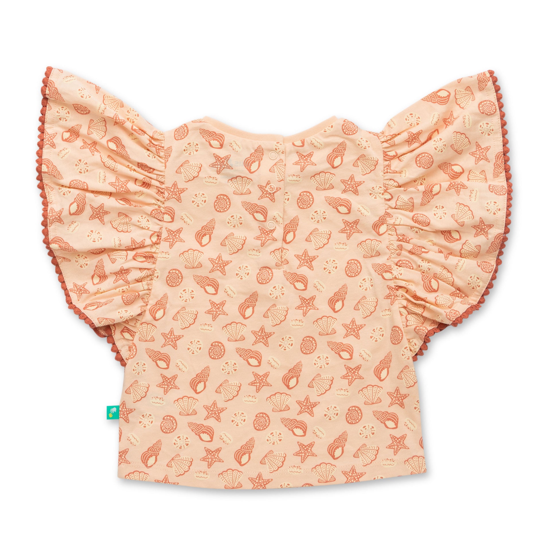 "Baby Girls Organic Cotton Pink Top with Seashell & Starfish Print and Ruffle Sleeves"