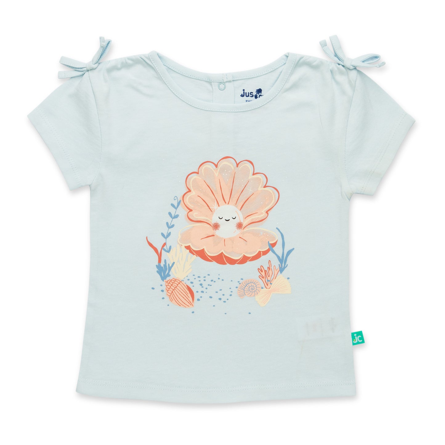 "Baby Girls Light Blue Organic Cotton T-Shirt with Seashell Print & Tie-Up Sleeves"