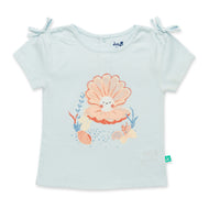 "Baby Girls Light Blue Organic Cotton T-Shirt with Seashell Print & Tie-Up Sleeves"