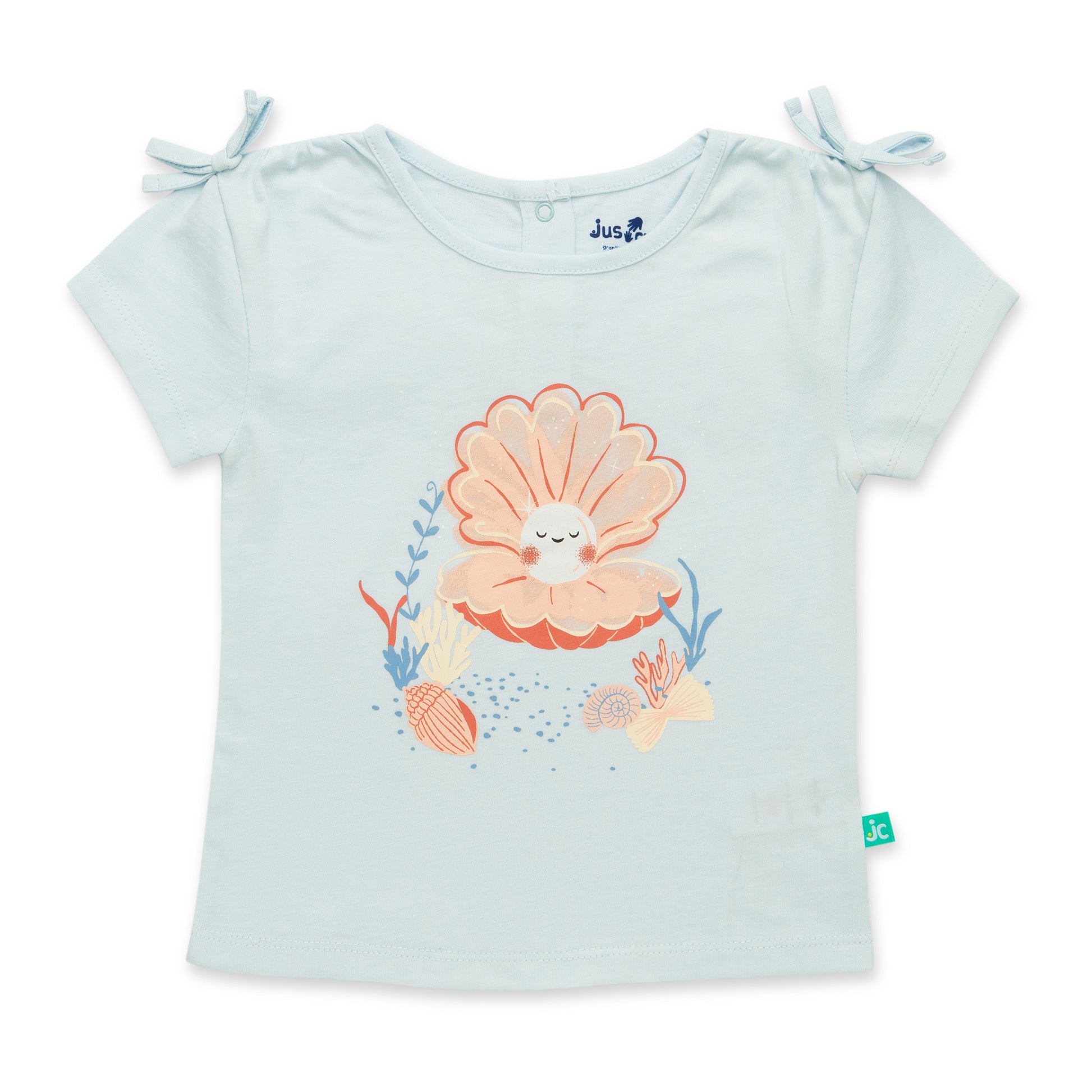 "Baby Girls Light Blue Organic Cotton T-Shirt with Seashell Print & Tie-Up Sleeves"