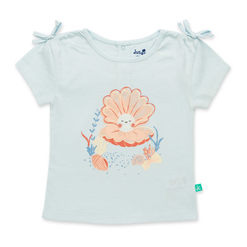 "Baby Girls Light Blue Organic Cotton T-Shirt with Seashell Print & Tie-Up Sleeves"