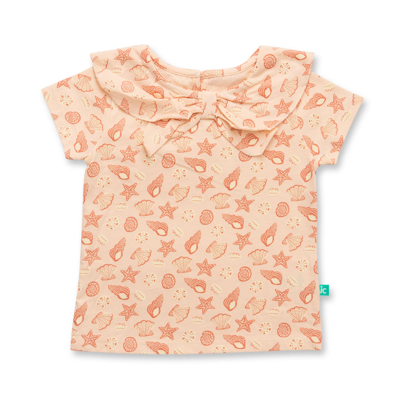 "Baby Girls Organic Cotton Pink Top with Seashell & Starfish Print and Bow Collar"