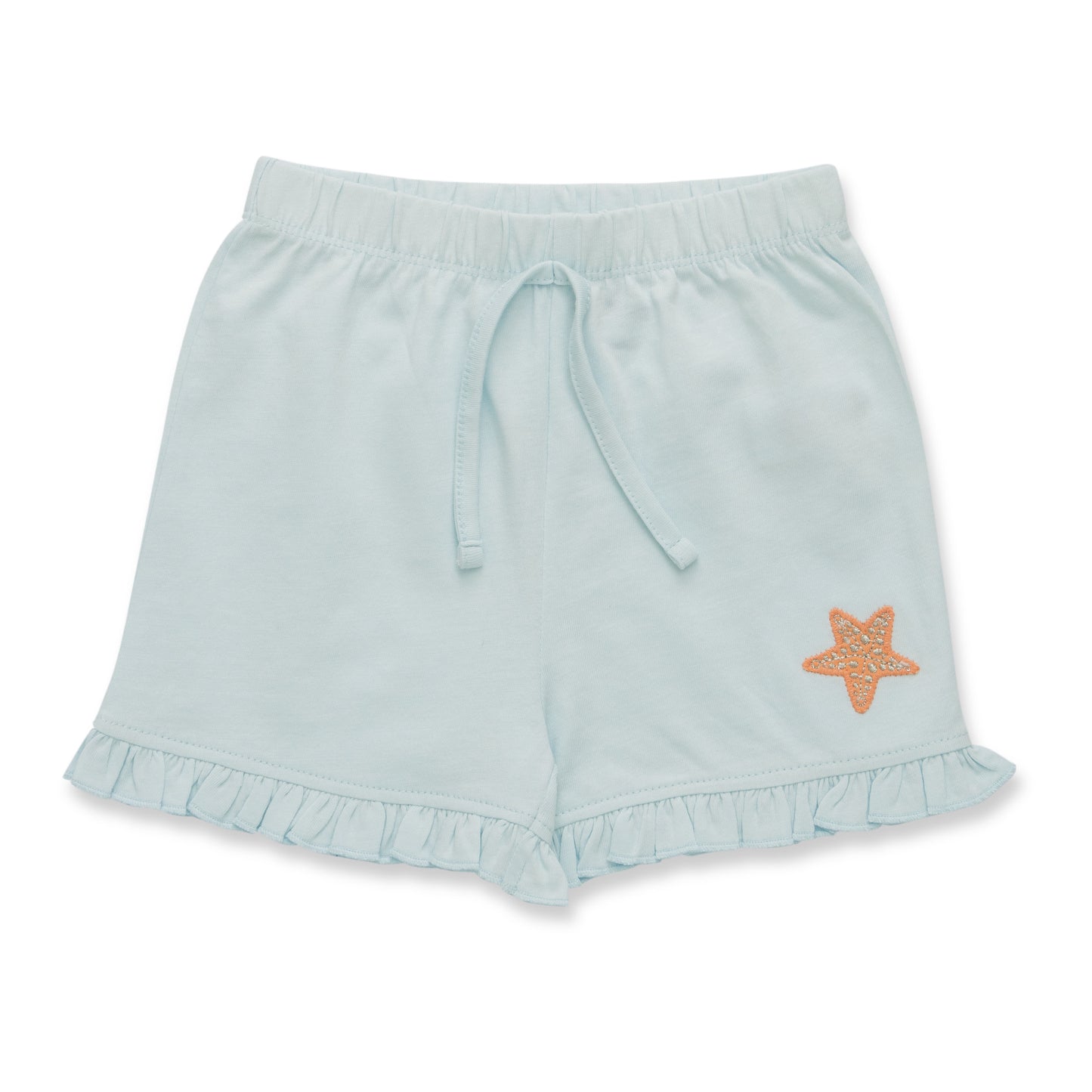 "Baby Girls Organic Cotton Light Blue Shorts with Starfish Patch & Ruffle Hem"
