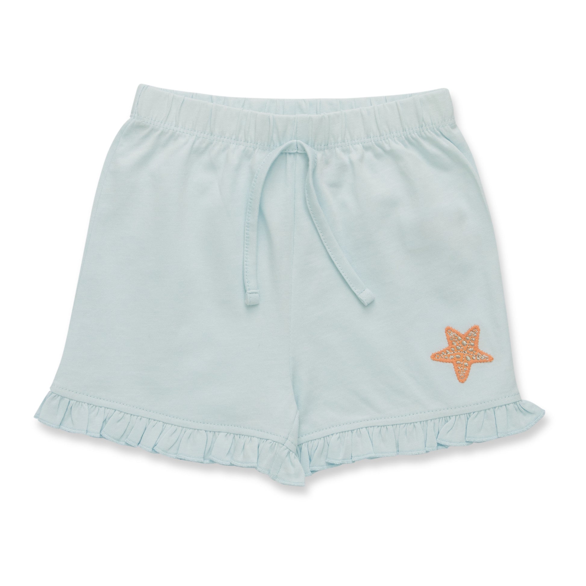 "Baby Girls Organic Cotton Light Blue Shorts with Starfish Patch & Ruffle Hem"