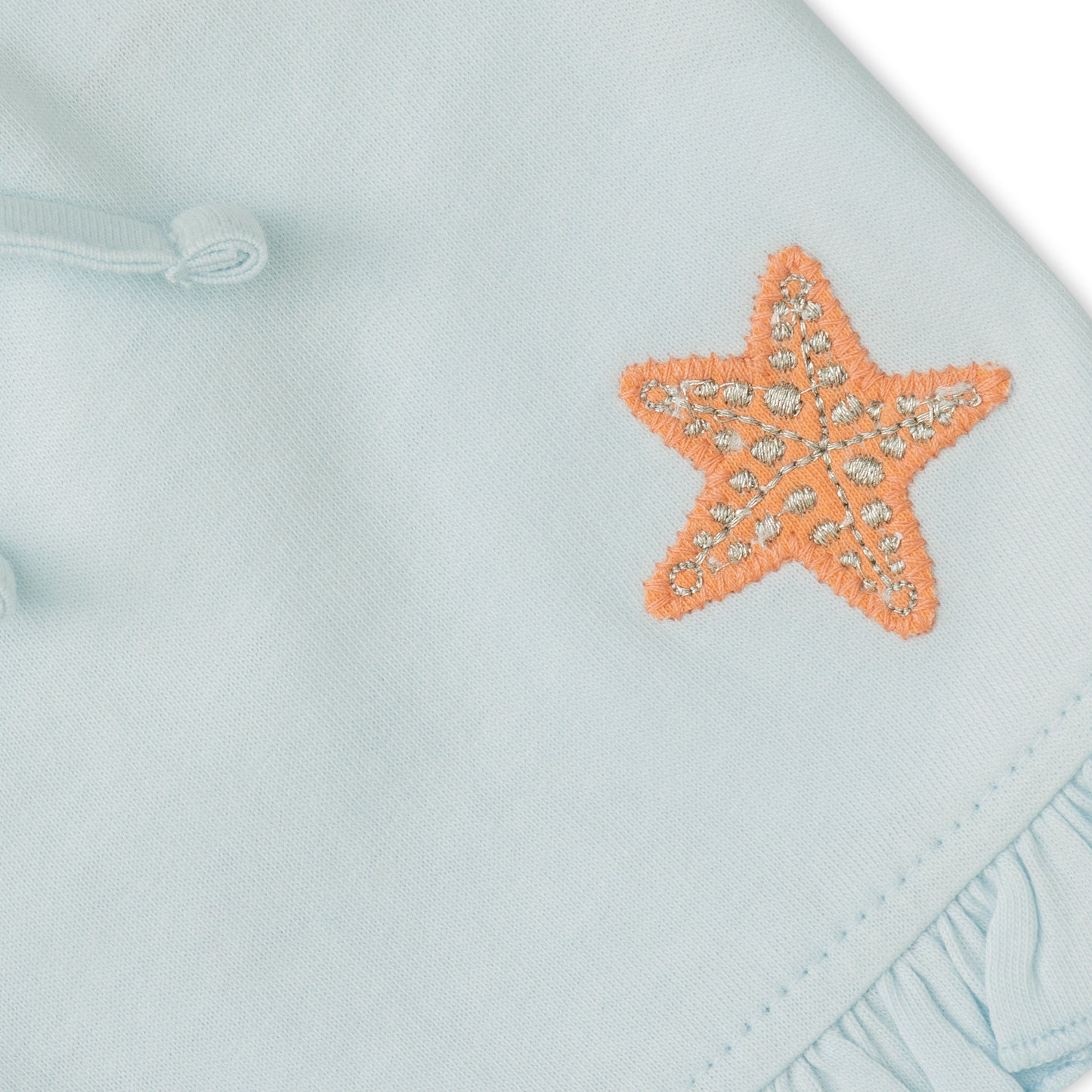 "Baby Girls Organic Cotton Light Blue Shorts with Starfish Patch & Ruffle Hem"
