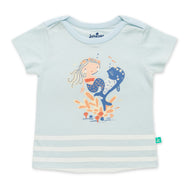 "Baby Girls Light Blue Organic Cotton T-Shirt with Mermaid & Whale Print"