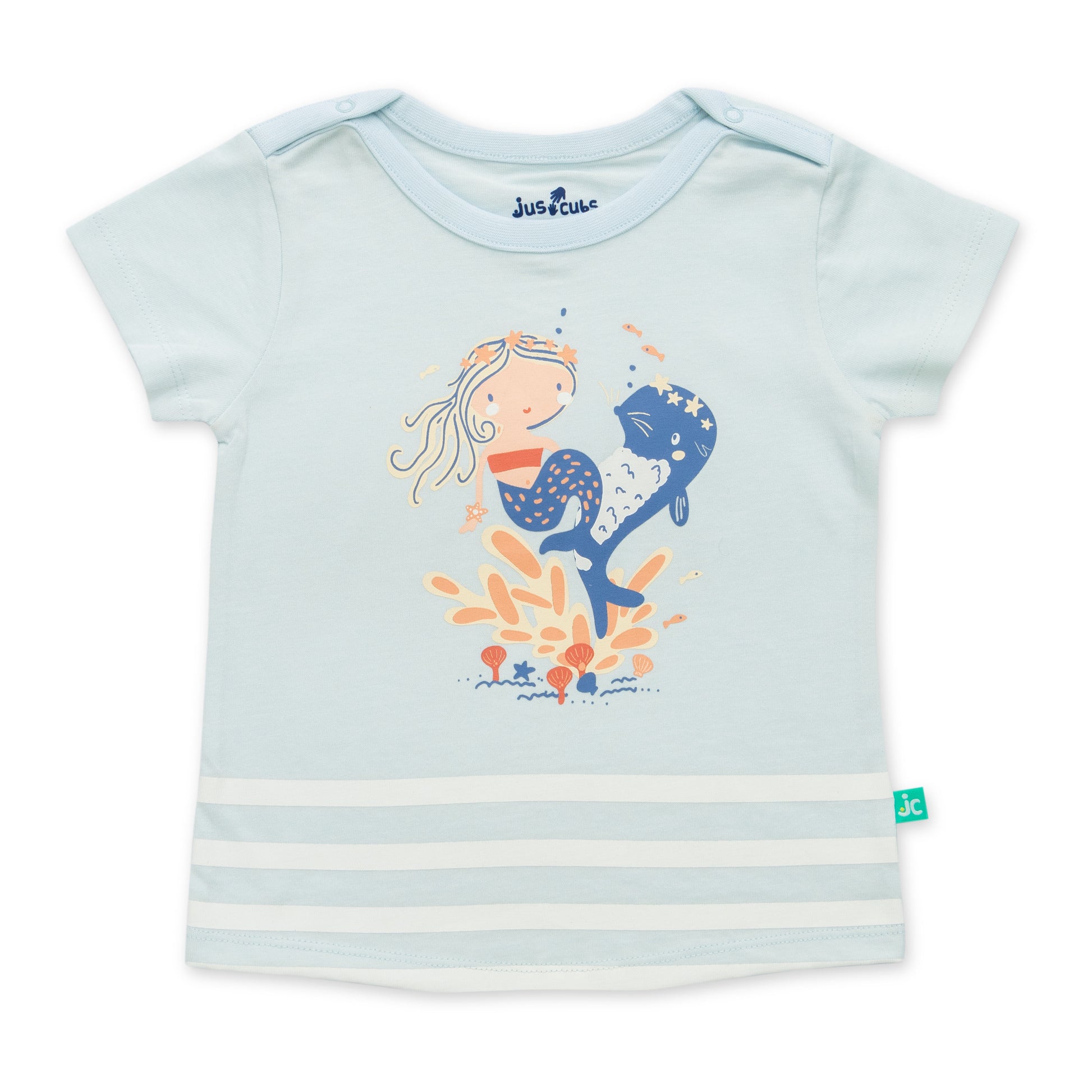 "Baby Girls Light Blue Organic Cotton T-Shirt with Mermaid & Whale Print"