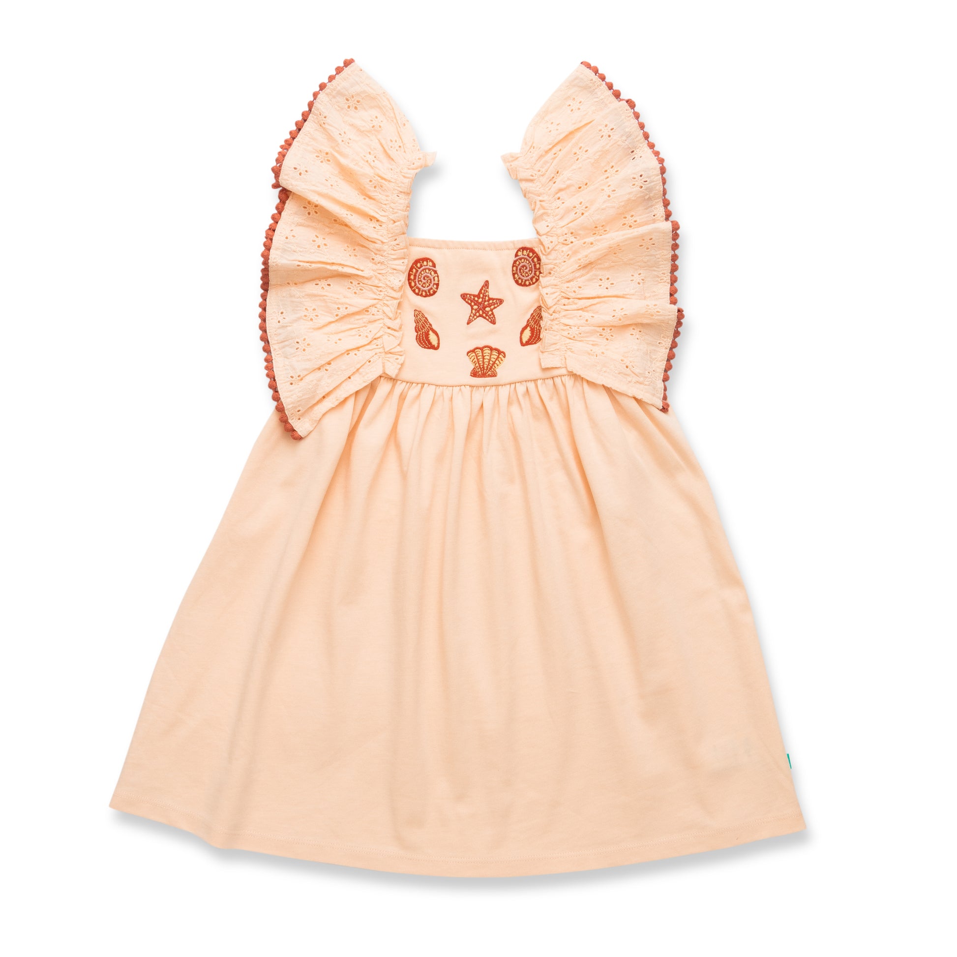 "Baby Girls Organic Cotton Pink Dress with Seashell Embroidery & Ruffle Sleeves"