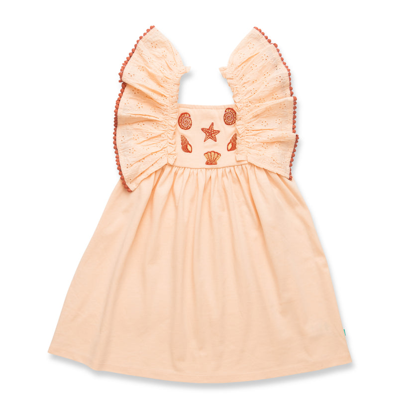 "Baby Girls Organic Cotton Pink Dress with Seashell Embroidery & Ruffle Sleeves"