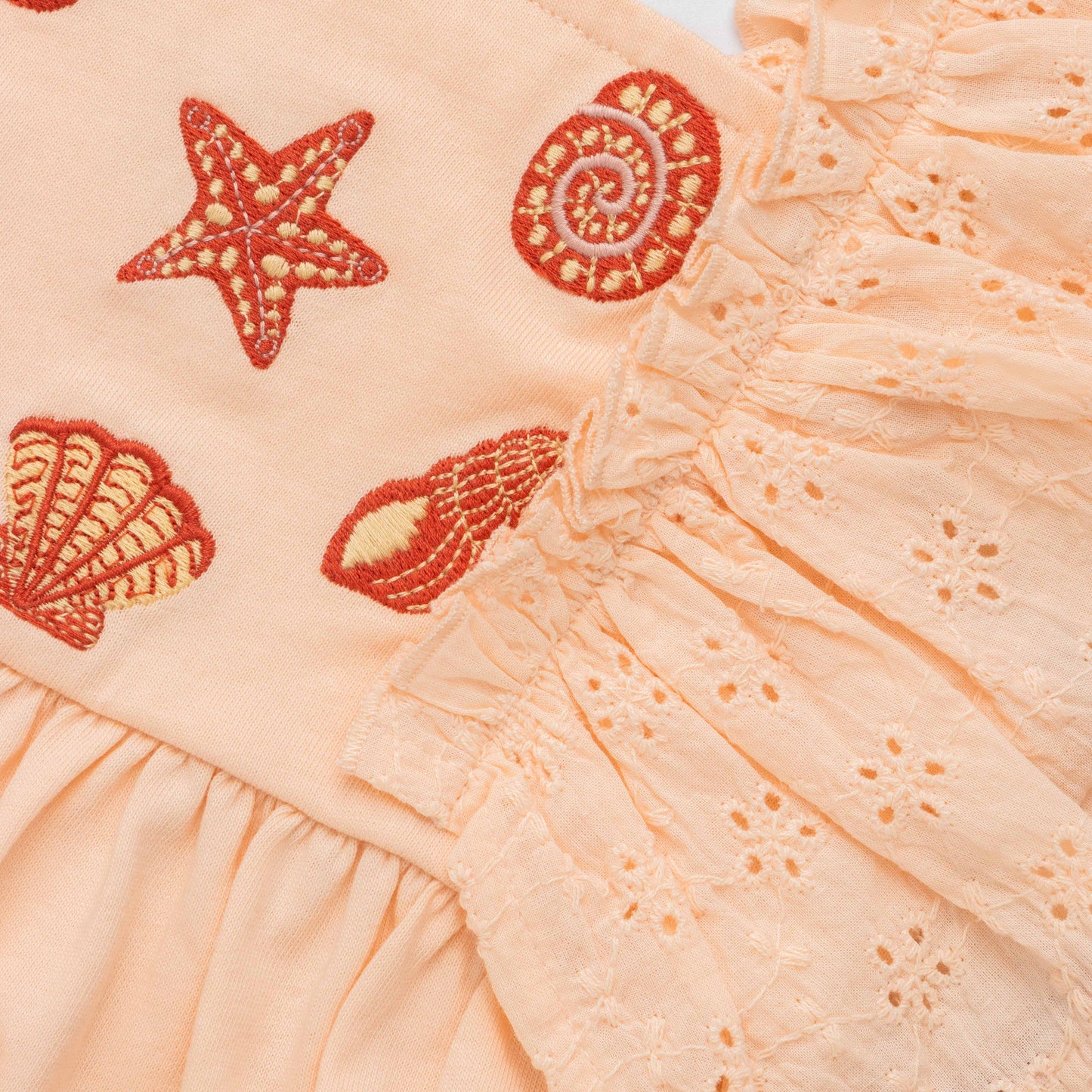 "Baby Girls Organic Cotton Pink Dress with Seashell Embroidery & Ruffle Sleeves"