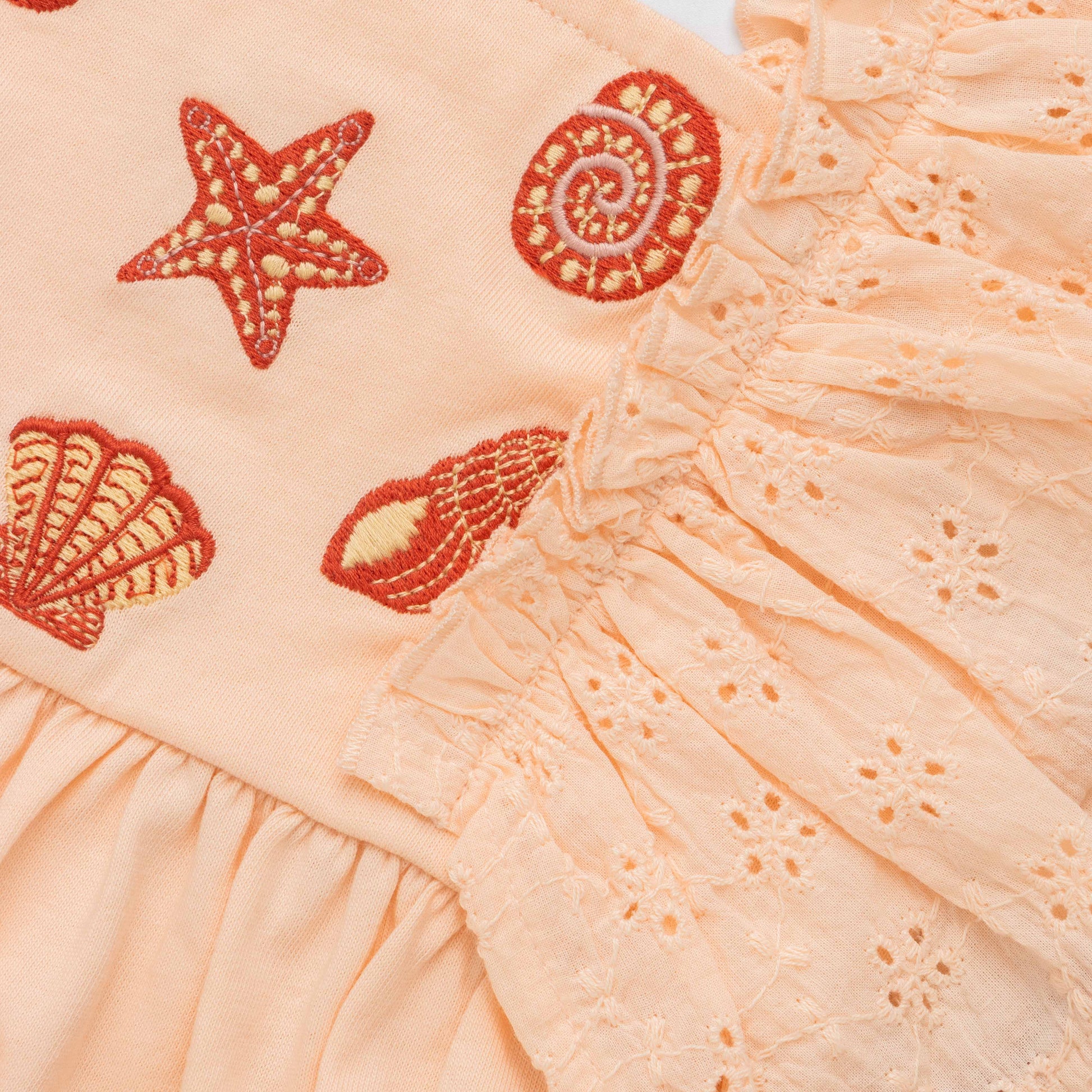 "Baby Girls Organic Cotton Pink Dress with Seashell Embroidery & Ruffle Sleeves"