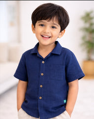 "Baby Boys Premium Muslin Cotton Shirt | Navy Blue | Lightweight & Breathable"